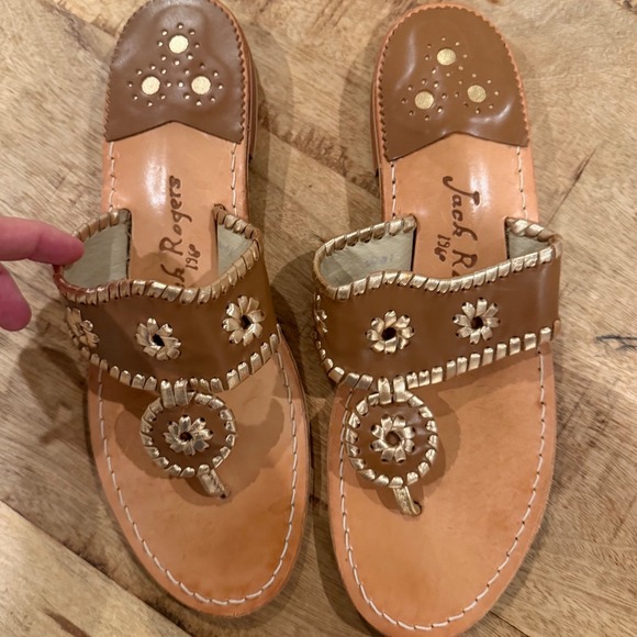Jack Rogers Shoes - Jack Rogers Hamptons Flat Sandals Oak Brown Gold Whipstitch Leather Thong Slides